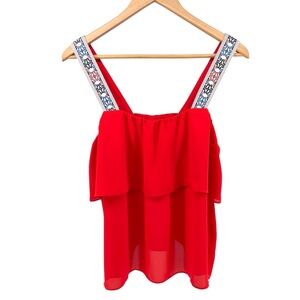 J.Crew Sleeveless Blouse Sz 8 Embroidered DecorativeStraps Vibrant Red Flowy